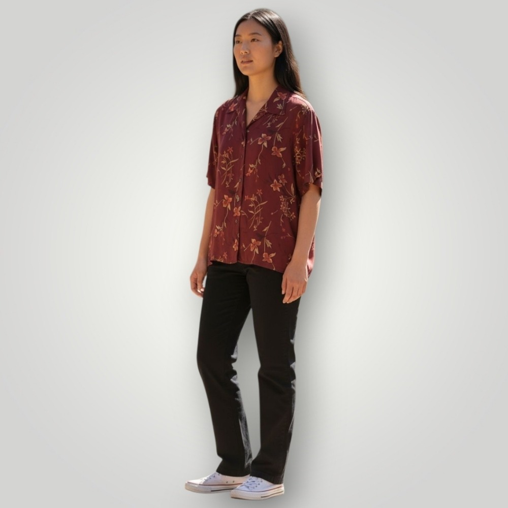 Christie‎ & Jill Vintage Floral Blouse 14 Maroon Short Sleeve Button Up